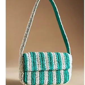 NWOT Anthropologie STRIPED RAFFIA SHOULDER BAG IN Green Small Size thumbnail 2