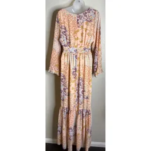 WAYF Small Maxi Dress Peach Floral Patchwork V Neck Bell Sleeve Tiered Boho Chic thumbnail 2