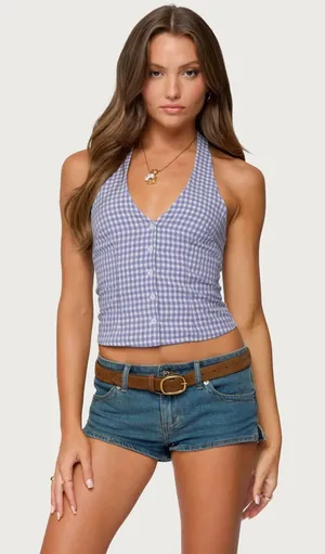 Edikted Gingham Button Up Halter Top thumbnail 1