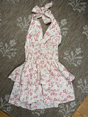 SHEIN White Floral Halter Smocked Tiered Sundress with Pink Blooms thumbnail 1