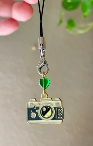 Handmade Kawaii funky retro camera & Czech glass heart phone charm/keychain/bag accessory/car display💚📸🍃🌀 thumbnail 2