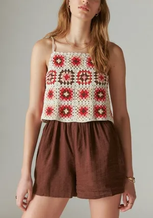 Lucky Brand Crochet Romper Pink Granny Square Boho Coachella Festival Size M NWT thumbnail 1