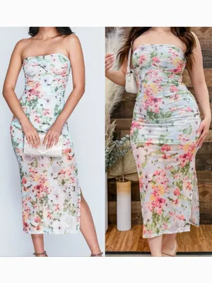 HAUTE MONDE Light Blue Pink Floral Semi Sheer Mesh Strapless Midi Dress ? w Slit thumbnail 2