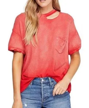 Free People WE THE FREE distressed oversized rubi cosmic red tee in S thumbnail 1