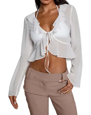 H&M Divided Women White Sheer Ruffle Fairycore Tie Front Crop Top Bolero‎ Size L thumbnail 1