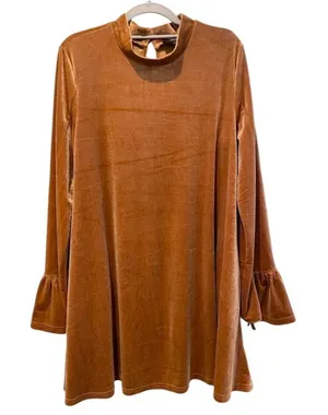 Very J Velvet Mini Dress Copper Brown Boho Bell Sleeve Mock‎ Neck Womens Large thumbnail 1