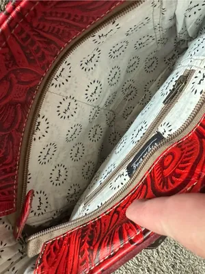 Myra Bag Red Embossed Floral Fringe Studded Shoulder Bag Zip-Around Pockets thumbnail 3