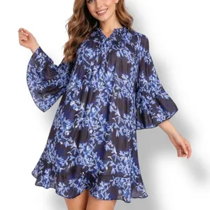 French Connection Blue Floral Smocked Keyhole Front Boho‎ Mini Dress Size Small thumbnail 1
