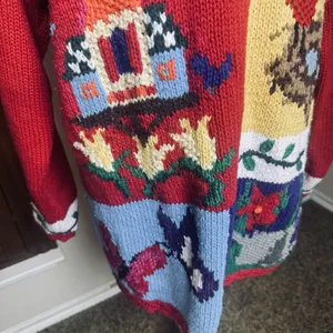 Karen Scott Hand Knit Sweater Spring Cardinal Bird Flowers Birdhouse sz M VTG thumbnail 3