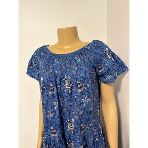 Guadalupe‎ Design Blue Floral Cotton Smocked Maxi Dress Short Sleeve Tiered Boho thumbnail 3