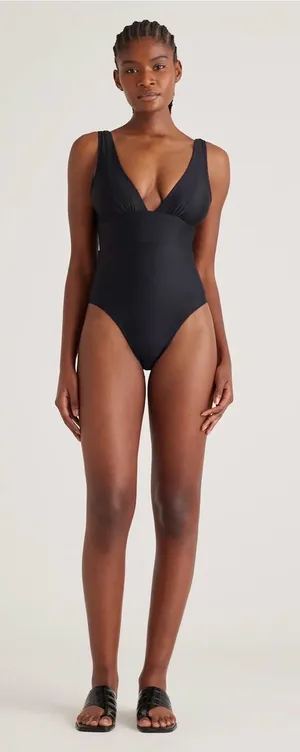 Quince Italian Plunge One-Piece Swimsuit | Medium | Black thumbnail 1