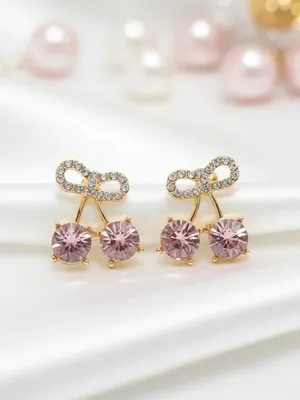 Gold-Tone Pink Crystal Cherry Drop Earrings with Rhinestone Bow Accents thumbnail 3