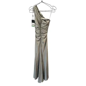 La Femme One Shoulder Shiny Ruched Jersey Dress Slit‎ Gown Silver Gray 6 thumbnail 6