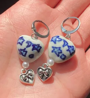 celestial porcelain heart beads & ribbon cute dangle earrings🌝🎀 thumbnail 1