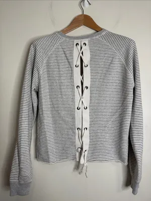 Abercrombie & Fitch Gray White Fine Striped Crewneck Sweatshirt Lace up back S thumbnail 2