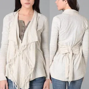 FREE PEOPLE FP Take a Bow Cardigan Oatmeal Cream Fringe Bow Detail Boho Sweater thumbnail 1
