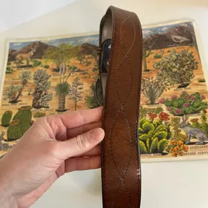 Vintage Distressed Stitched Brown Genuine Leather Eagle Buckle Belt - L thumbnail 6