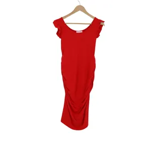 B-home Womens Maternity Bodycon Dress Red Ruffle Cap Sleeve Ruched Size M thumbnail 2