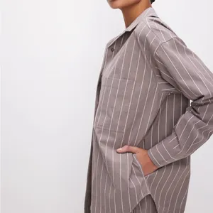 Good American Womens S OVERSIZED POPLIN SHIRT- Putty Stripe Shacket Button Down thumbnail 2