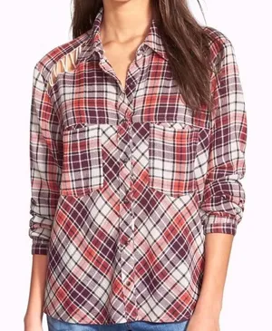 Free People Stitch Detail Plaid Boho Western Snap Shirt in Ash Combo Size Medium thumbnail 1