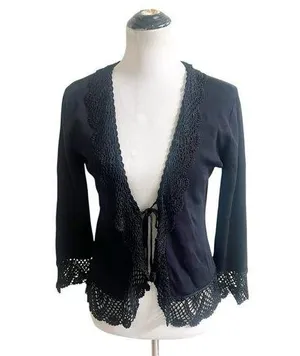 Joseph A. Vintage Knitted Cardigan Size Small Black Crochet Tie Front Whimsygoth thumbnail 1