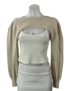 Zara Women's Beige Long Sleeve Ribbed Knit Crew Shrug Bolero Crop Top Size S thumbnail 1