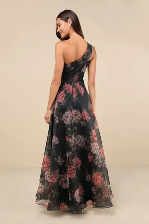 New Lulus Black Floral Organza One-Shoulder Maxi Dress Size XL MSRP $138 thumbnail 5