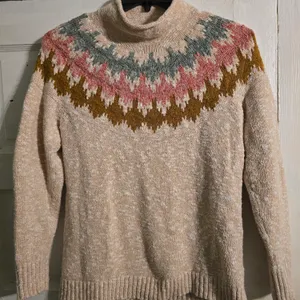 L.L. Bean Cream Fair Isle Cowlneck Sweater with Pink, Brown & Blue Yoke thumbnail 3