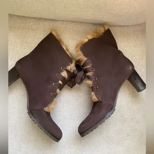 LOFT Chocolate Fur-Trimmed Heeled cozy Boots suede 7 thumbnail 4