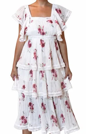 White and red floral dress with lace trim thumbnail 1