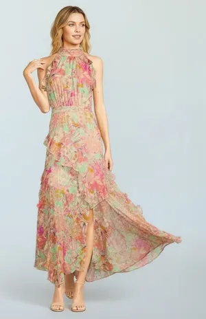 ALEX MARIE Fiona Halter Floral Asymmetric Hem Ruffled Maxi Dress Size 20W NEW thumbnail 1