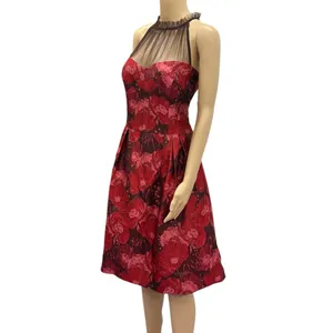 Maggy London Red Jacquard Cocktail Wedding Guest Illusion Yoke Dress Womens 16 thumbnail 4