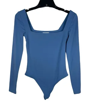 Babaton Aritzia Contour Bodysuit Blue Square Neck Long Sleeve Fitted S thumbnail 1