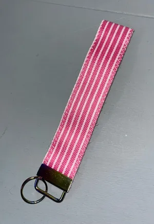 Handmade Pink White Striped Preppy Satin Canvas Key fob Wristlet Keychain Barbie thumbnail 1