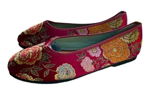 Embroidered Floral Ballet Flats Red Brocade Asian Inspired Slip-On Shoes 7.5 thumbnail 1