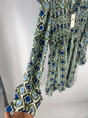 Anthropologie Navy and Cream Geometric Ruffle Mini Dress thumbnail 6