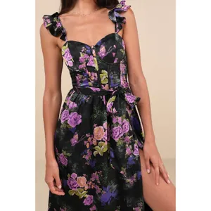 Lulus Sweet Like Sangria Black Floral Ruffled Bustier Dress Size Small Formal thumbnail 8