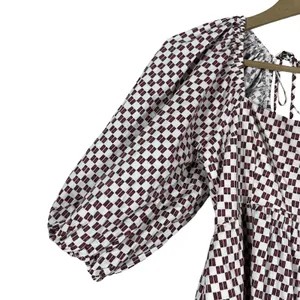 Abercrombie & Fitch Puff Sleeve Checkered Romper Burgundy Mod Retro Size M thumbnail 4