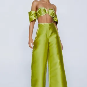 Nasty Gal diamanté Embellished size 6 top & size 8 wide leg pantsChartreuse thumbnail 7