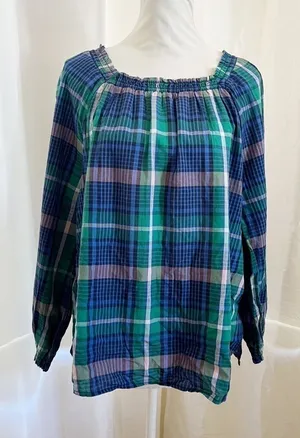 Old Navy Plaid Smocked‎ Square Neck Blouse Large Green Blue Long Sleeve Top thumbnail 1