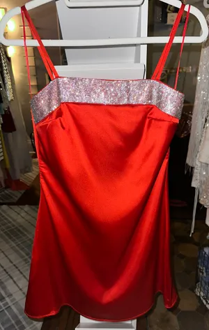 These Three Boutique Red With Silver Rhinestone Trimmed Mini Dress thumbnail 3