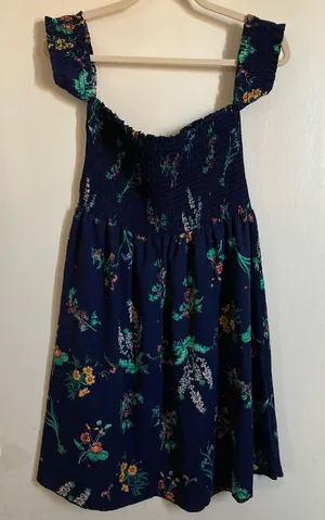 *I ❤️Joah Navy Blue Floral Pattern Off Shoulder Cap Sleeves Midi Dress thumbnail 1