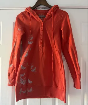 Free People Vintage Y2K Butterfly Graphic Henley Hoodie Longline Tunic Small thumbnail 1