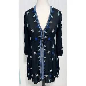 Free People Stargazer Mini Dress Embroidered V-Neck Tie Waist Black Blue Small thumbnail 2