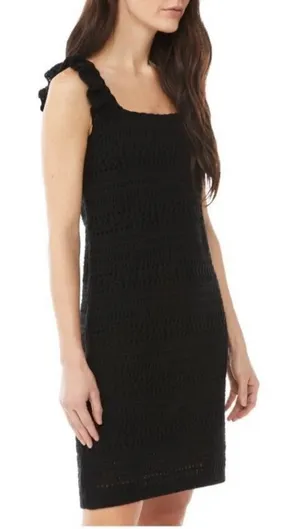 Crochet Mini Dress Size S Black Ruffle Strap Open Knit Lined Party Dark Coquette thumbnail 1
