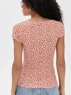 NWT Reformation Bardot Knit Top Short Sleeve Mulberry Red Cream Floral Medium thumbnail 3