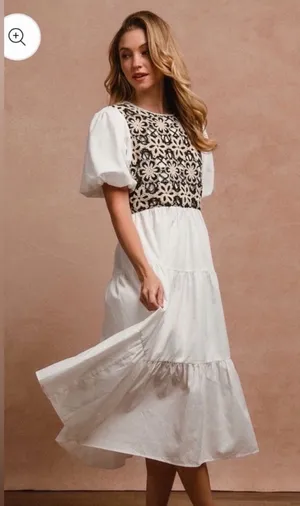 Bibi Crochet Top Midi Dress Cottagecore Balloon Sleeve Peasant Pockets thumbnail 1