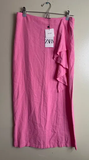 Zara RUFFLED LINEN BLEND MIDI SKIRT, Pink Size medium, 7950/939 NWT thumbnail 1
