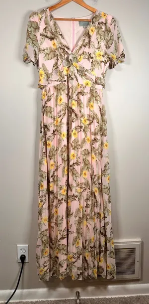 Skies Are Blue Maxi‎ Dress Women Small Pink Tropical Palm Floral Pleated Ruffle thumbnail 1