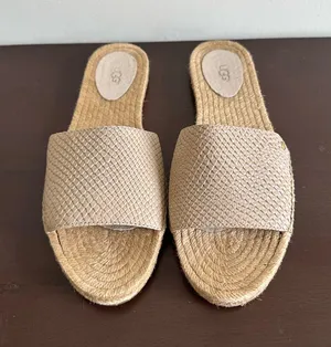 UGG Cherry Exotic Embossed Beige Leather Jute Espadrille Slides Sandals Size 9 thumbnail 1